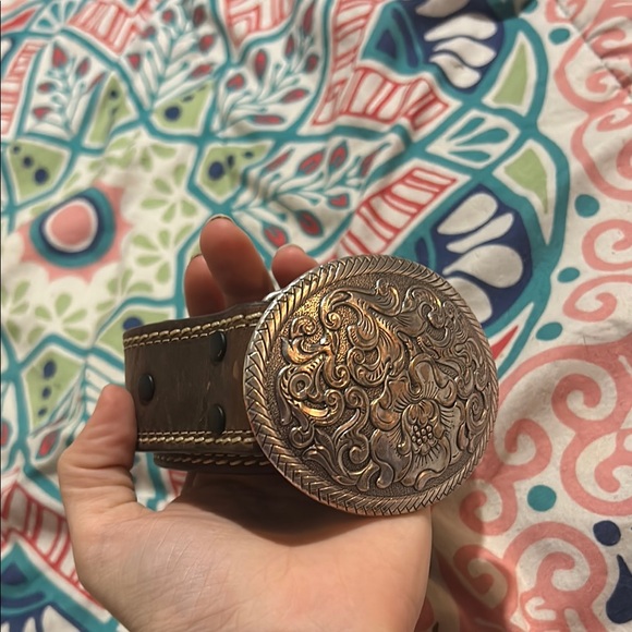 Vintage Brown Leather Belt with Ornate Brass Buckle - Picture 1 of 1